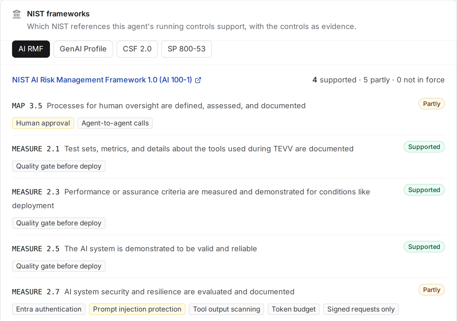NIST AI RMF references on the Security page, each backed by the agent's live controls